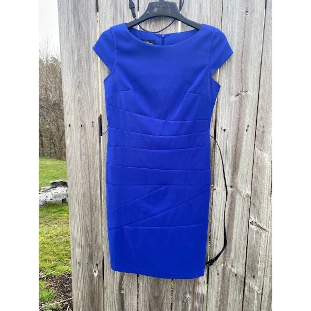 AGB Dress Womens 8 Royal Blue Cap‎ Sleeve Pleated Sheath Belted Cocktail Dress